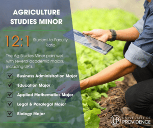 Individual in the agriculture industry checks on crops. University of Providence information is listed about the agriculture studies minor and how it pairs with other majors.